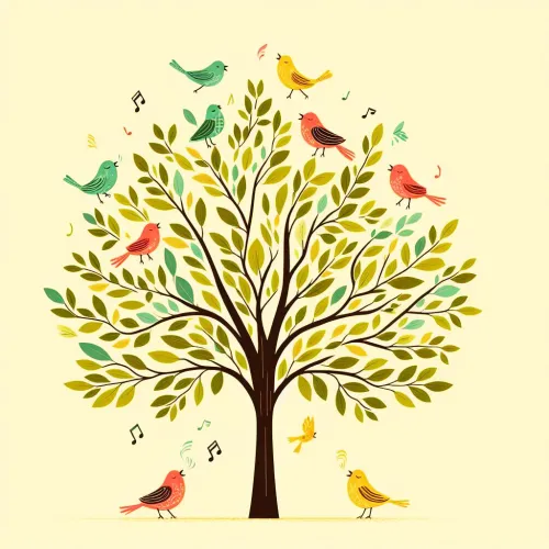 light yellow background featuring a tree and colurfull birds sitting and flying and sing a song